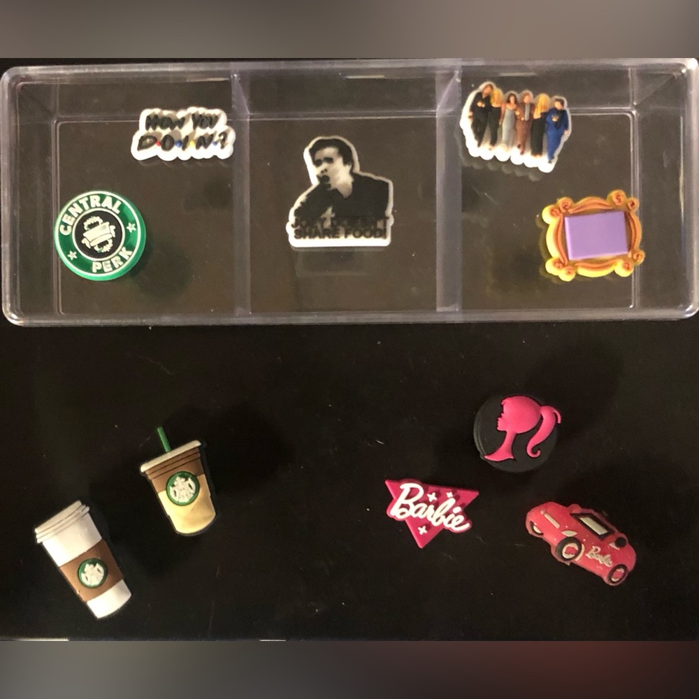 12 Jibbitz(added 2) w/Case Friends, Starbucks, Barbie and Huskies